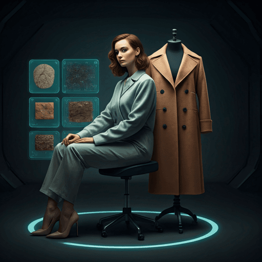 Fashionable woman posing in a futuristic studio with digital overlay